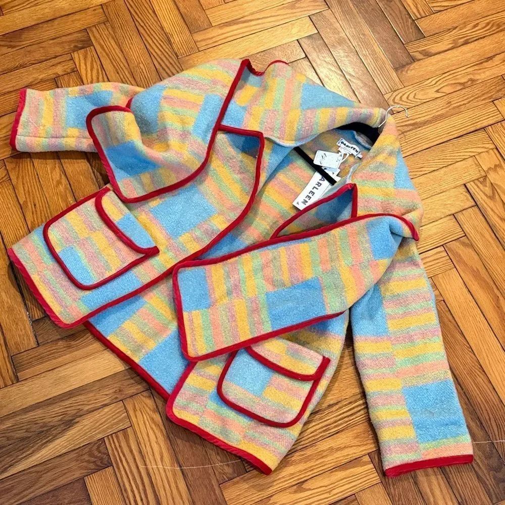 Carleen Free People One-Of-A-Kind Plaid Wool Scarf Jacket Tan, Blue & Red — image 2 of 5